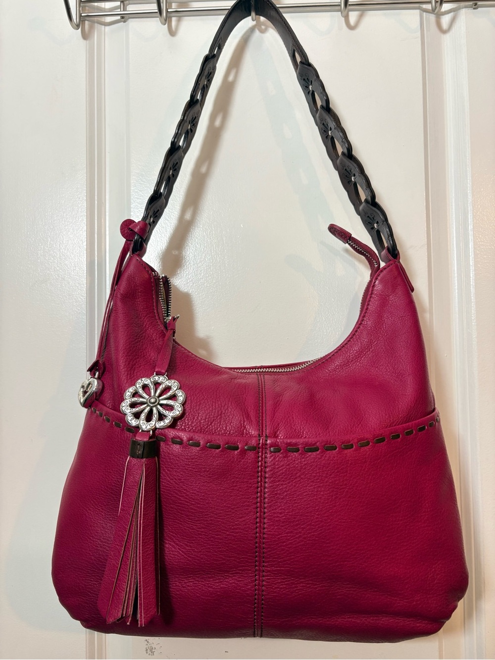 Brighton Berry Pink Leather Hobo Shoulder Bag Scalloped Floral Strap F146897